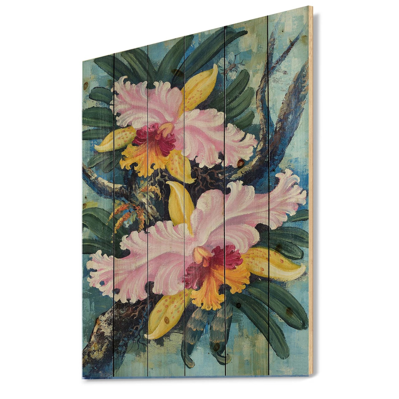 Designart - Vintage Forest Orchids I - Traditional Print on Natural Pine Wood